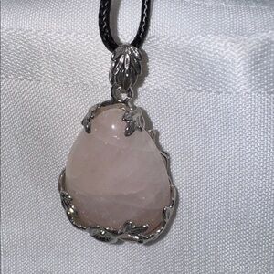 Rose quartz necklace, 1.75” pendant in a floral silver tone holder teardrop